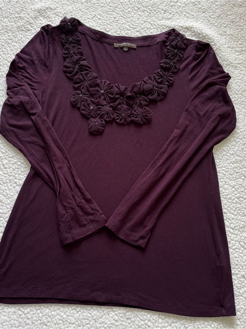 Adrienne Vittadini Plum Purple Flower Beaded Trim Blouse L Whimsigoth Femenine